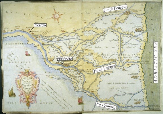 A map of the Po River and surroundings from 1568, before a 1570 quake uplifted the river's right bank near its terminus, causing the river to change course and shifting the delta 25 miles (40 kilometers) north.