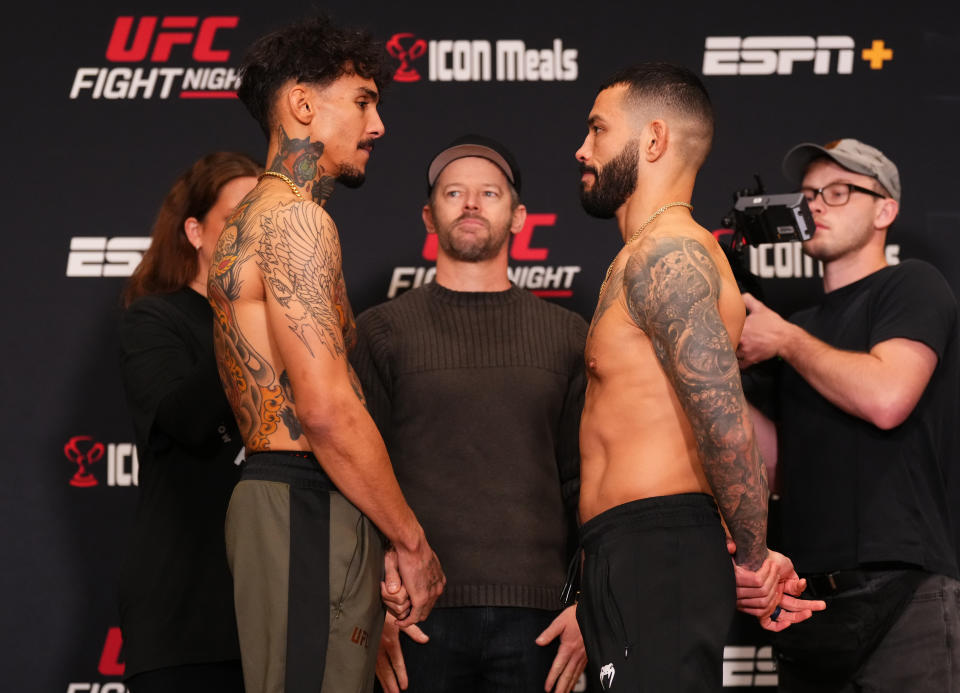 LAS VEGAS, NEVADA – FEBRUARY 09: (L-R) Opponents Andre Fili and Dan Ige face off during the UFC Fight Night weigh-in at the JW Marriott on February 09, 2024 in Las Vegas, Nevada. (Photo by Jeff Bottari/Zuffa LLC via Getty Images)