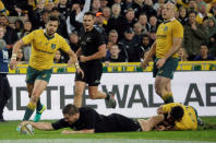 Australia Rugby Union - Bledisloe Cup - Australia's Wallabies v New Zealand All Blacks - Olympic Stadium, Sydney, Australia - 20/8/16New Zealand's Dane Coles scores a try as Australia's Nick Phipps fails to stop him in the second half. REUTERS/Jason Reed