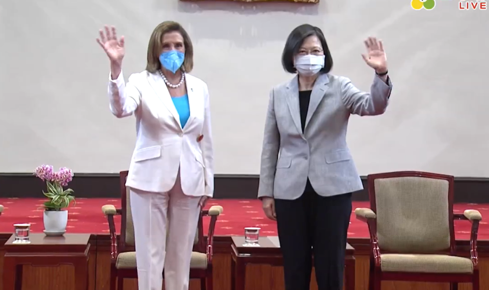 總統蔡英文今天上午在總統府接見美國聯邦眾議院議長裴洛西（Nancy Pelosi）所率領訪問團。（翻攝直播）