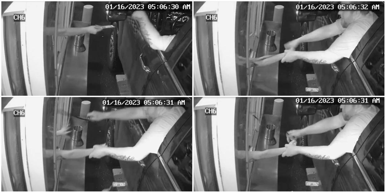 A composite image of four black-and-white security footage stills showing an alleged kidnap attempt through the window of Beankini Espresso, Auburn, Washington on January 16, 2023