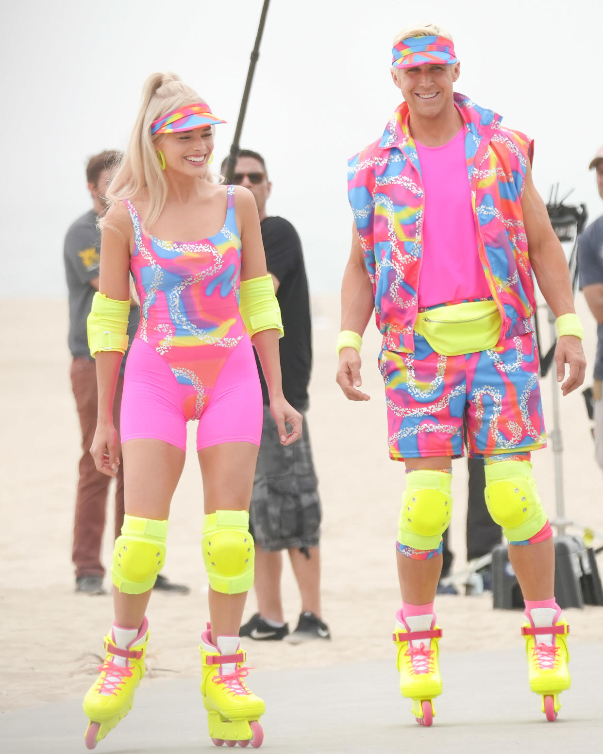 Margot Robbie and Ryan Gosling on the set of the “Barbie” movie in Venice Beach in late June. - Credit: Tim Regas / SplashNews.com