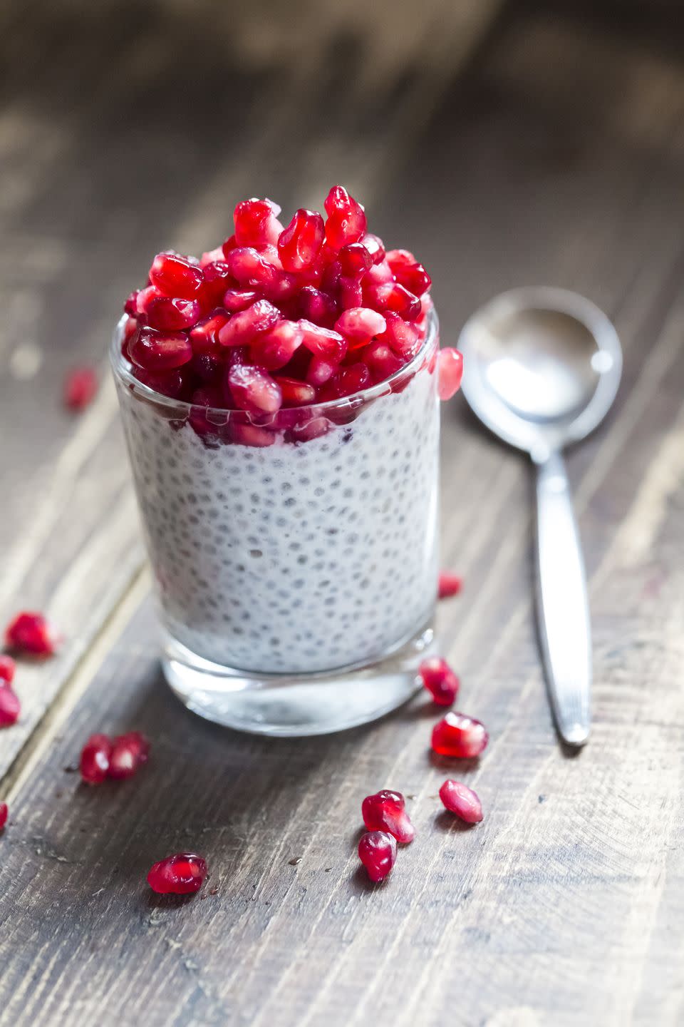 chia pudding with pomegranate seeds