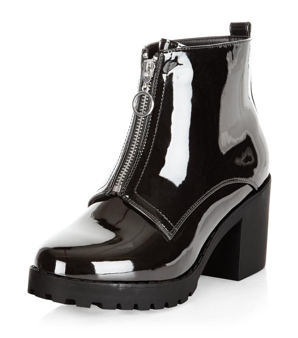 Black Patent Front Zip Chunky Ankle Boots