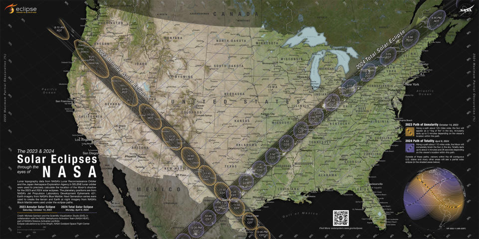 A map showing paths of the annular and total solar eclipses crossing over North America.