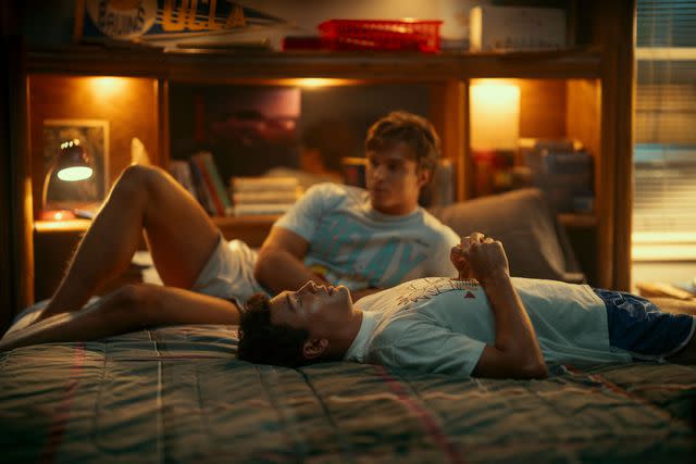 <p>Netflix</p> Cooper Koch as Erik Menendez (front) and Nicholas Chavez as Lyle Menendez in <em>Monsters</em> on Netflix