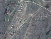 This image provided by Maxar Technologies shows overview of troop tents in Angarsky training area at the Black Sea coast of Crimea on Thursday, April 15, 2021. Russia has insisted that it has the right to restrict foreign naval ships' movement off Crimea, rejecting Ukrainian complaints and Western criticism. Ukraine last week protested the Russian move to close broad areas of the Black Sea near Crimea to foreign navy ships and state vessels until November. (Satellite image ©2021 Maxar Technologies via AP)