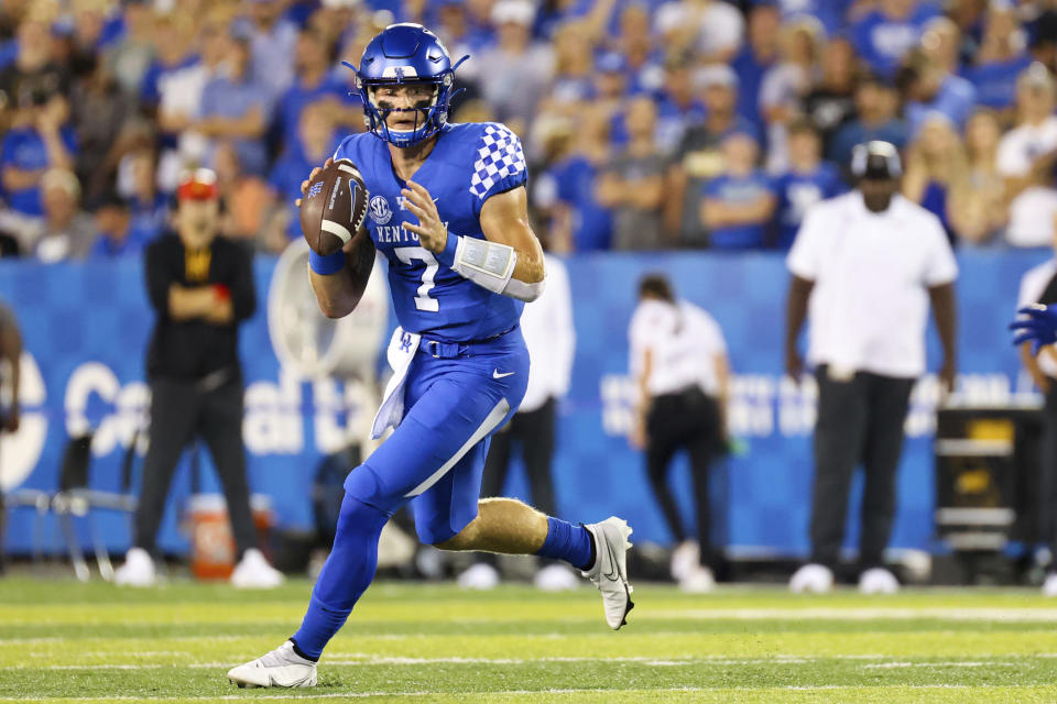 Kentucky quarterback Will Levis (7) looks for an open receiver during the first half of an NCAA college football game against Missouri in Lexington, Ky., Saturday, Sept. 11, 2021. (AP Photo/Michael Clubb)