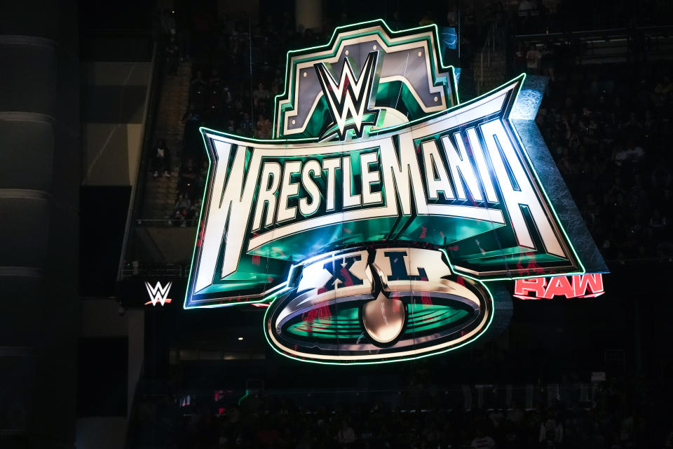HOUSTON, TEXAS - MARCH 11: A Wrestlemania sign is seen in the rafters during WWE Monday Night RAW at Toyota Center on March 11, 2024 in Houston, Texas. (Photo by Alex Bierens de Haan/Getty Images)