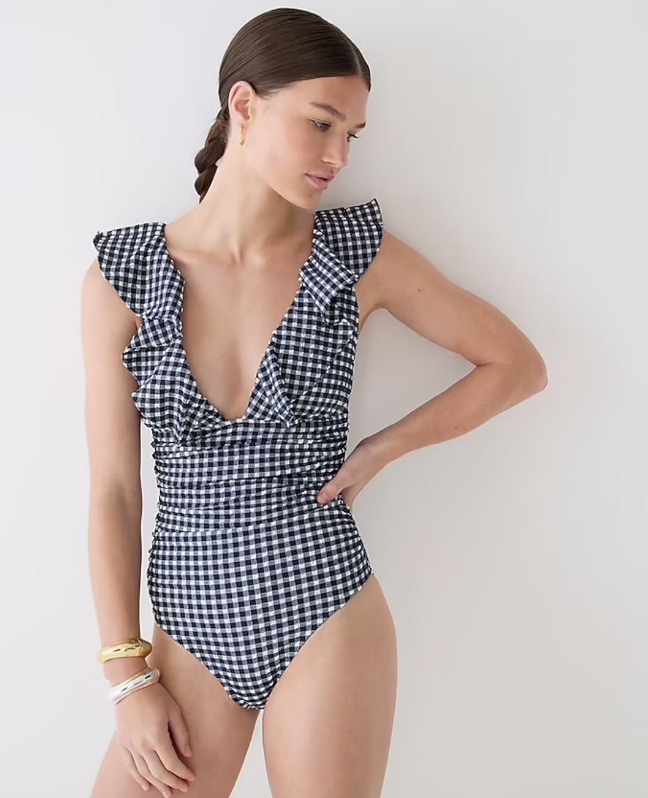 Ruffle V-neck ruched one-piece swimsuit