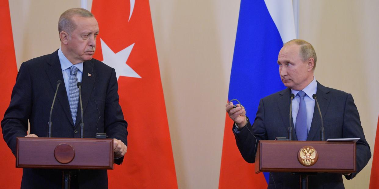 Russian President Vladimir Putin and Turkish President Tayyip Erdogan attend a news conference following their talks in Sochi, Russia October 22, 2019. Sputnik/Alexei Druzhinin/Kremlin via REUTERS 