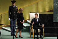 France's President Emmanuel Macron gives a thumbs up as he waits to address the 73rd session of the United Nations General Assembly, at U.N. headquarters, Tuesday, Sept. 25, 2018. (AP Photo/Richard Drew)