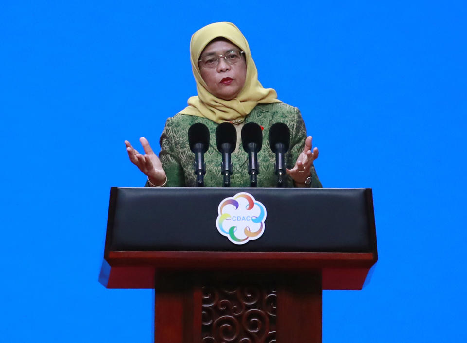 President Halimah Yacob delivers a speech during the opening ceremony of the Conference on Dialogue of Asian Civilizations in Beijing, on 15 May, 2019. (AP file photo)