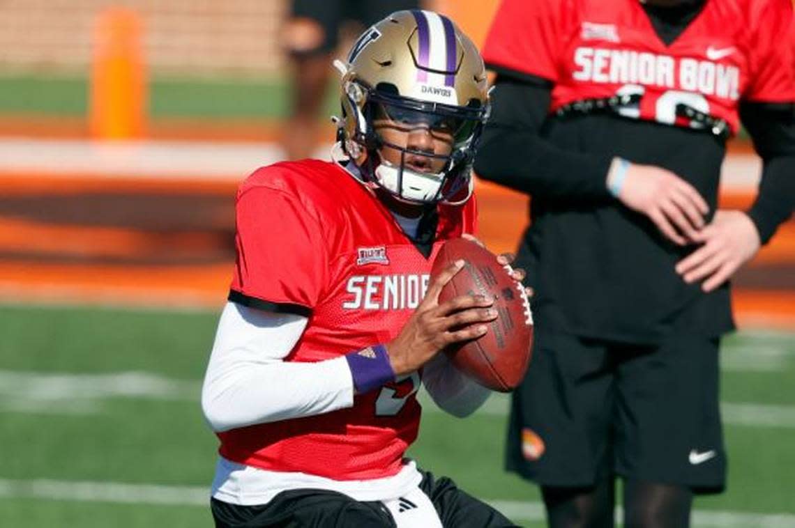 After wowing scouts at the Senior Bowl in Mobile, Alabama, in January 2024, former University of Washington quarterback Michael Penix Jr. impressed NFL teams the following month at the league’s annual scouting combine in Indianapolis. Butch Dill/Associated Press