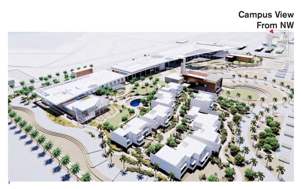 COD will proceed with old plans for a Palm Springs campus drawn prior to 2021, excluding a learning hotel and villas — almost everything in the foreground of this rendering.