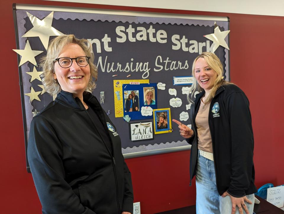 Karen Abel Jepsen (left) is director of the Canton Regional Area Health Education Center housed on Kent State University's Stark campus. With her is senior nursing student Lana Ulrich, who enrolled in AHEC Scholars, a free curriculum which offers students practical experience with underserved communities.
(Credit: Charita M. Goshay, The Repository