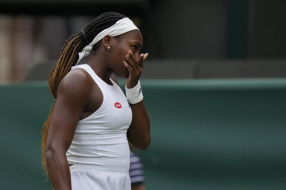 Coco Gauff of the US during the first round women's singles match against Sofia Kenin of the US on day one of the Wimbledon tennis championships in London, Monday, July 3, 2023. (AP Photo/Alastair Grant)