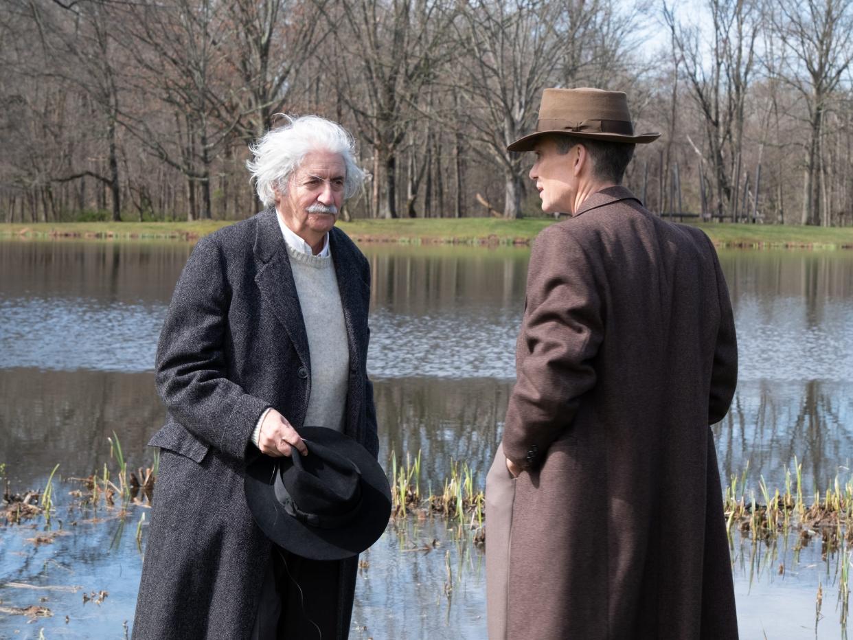 Einstein and Oppenheimer talking in Oppenheimer movie