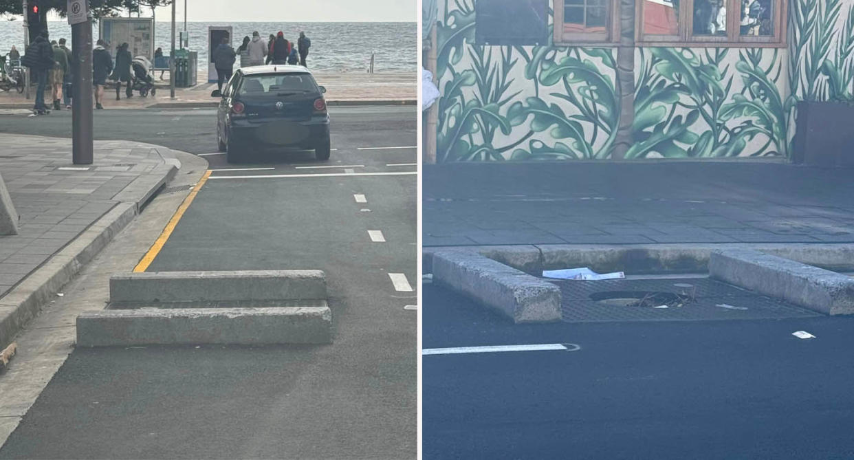 Cement blocks are seen at Coogee beach front in two split images. There's meant to be a tree in between the blocks, which council says vandals destroyed. 