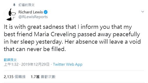 英國電子競技記者Richard Lewis於個人推特表示Remilia安詳離世。（圖／翻攝自Twitter）