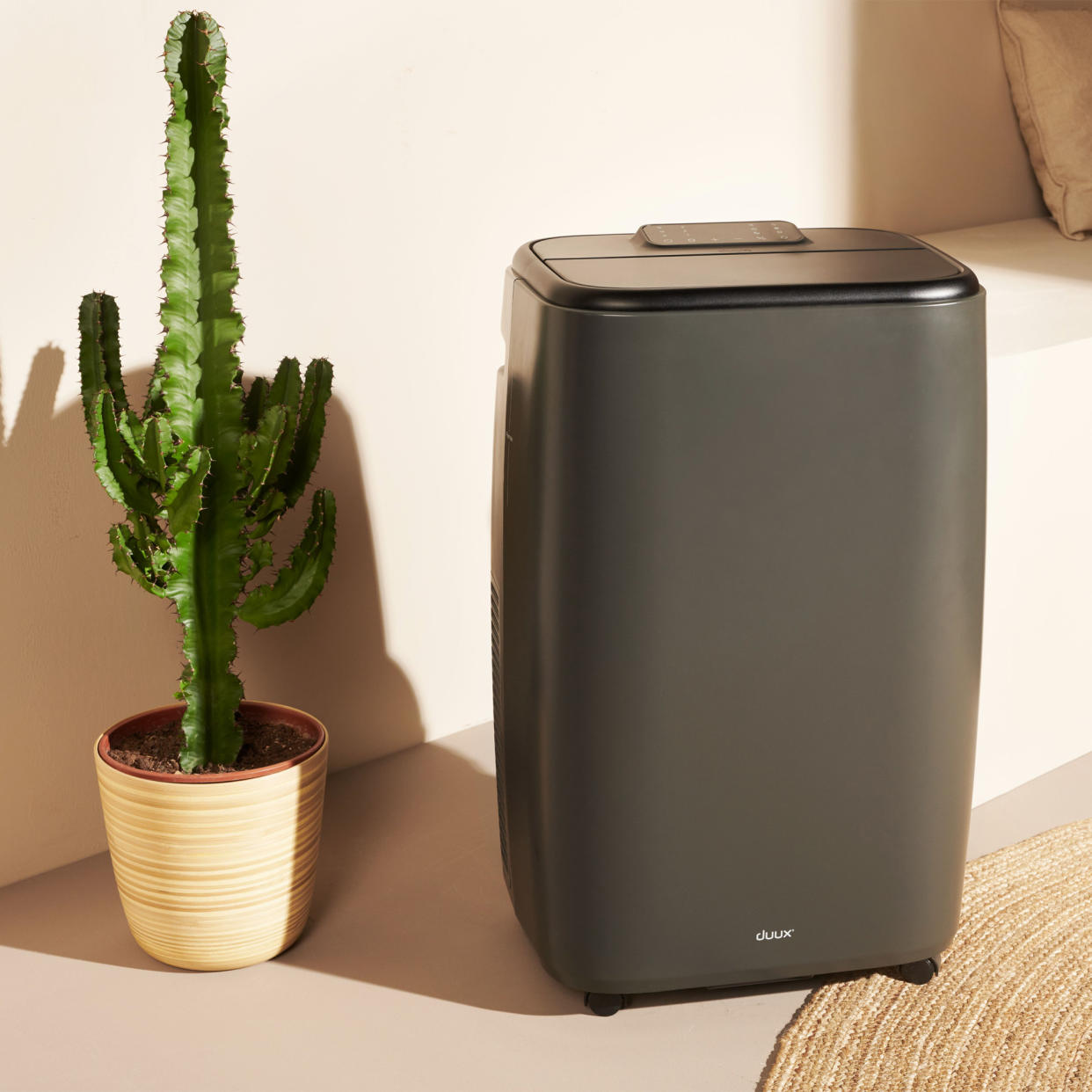  The dark grey Duux North 9K Smart Air Conditioner next to a cactus plant 