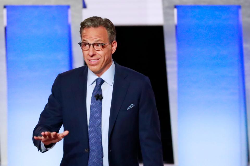 Moderator Jake Tapper of CNN speaks to the audience before the start of the second night of the second 2020 Democratic U.S. presidential debate in Detroit, Michigan, July 31, 2019.