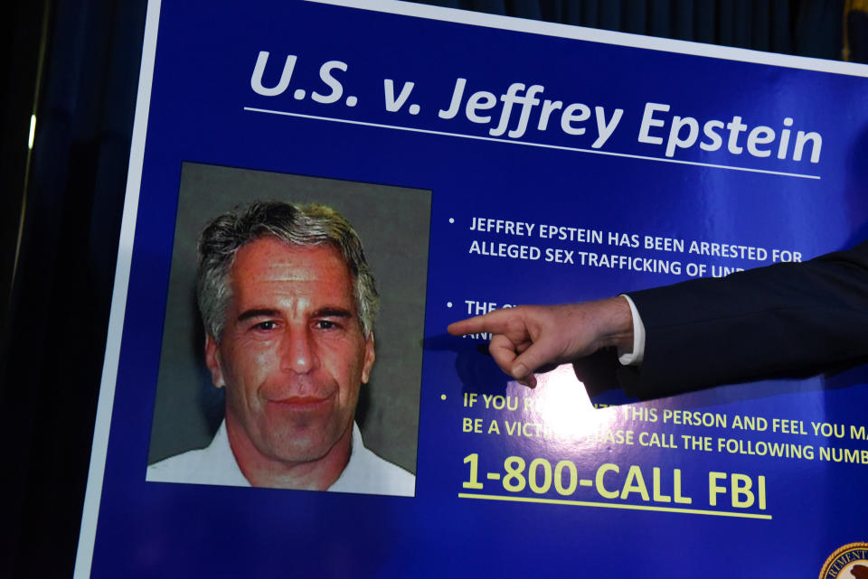 A prosecutor points to a photograph of Jeffrey Epstein at a July 2019 news conference in New York City. (Photo: Stephanie Keith via Getty Images)