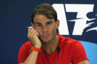 Rafael Nadal of Spain holds a press conference after losing to Novak Djokovic of Serbia during their ATP Cup tennis match in Sydney, Sunday, Jan. 12, 2020. (AP Photo/Steve Christo)