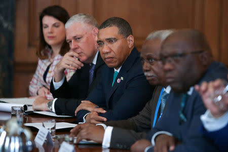 Leaders and representatives of Caribbean countries attend a meeting with Britain's Prime Minister Theresa May at 10 Downing Street in London April 17, 2018. Daniel Leal-Olivas/Pool via Reuters