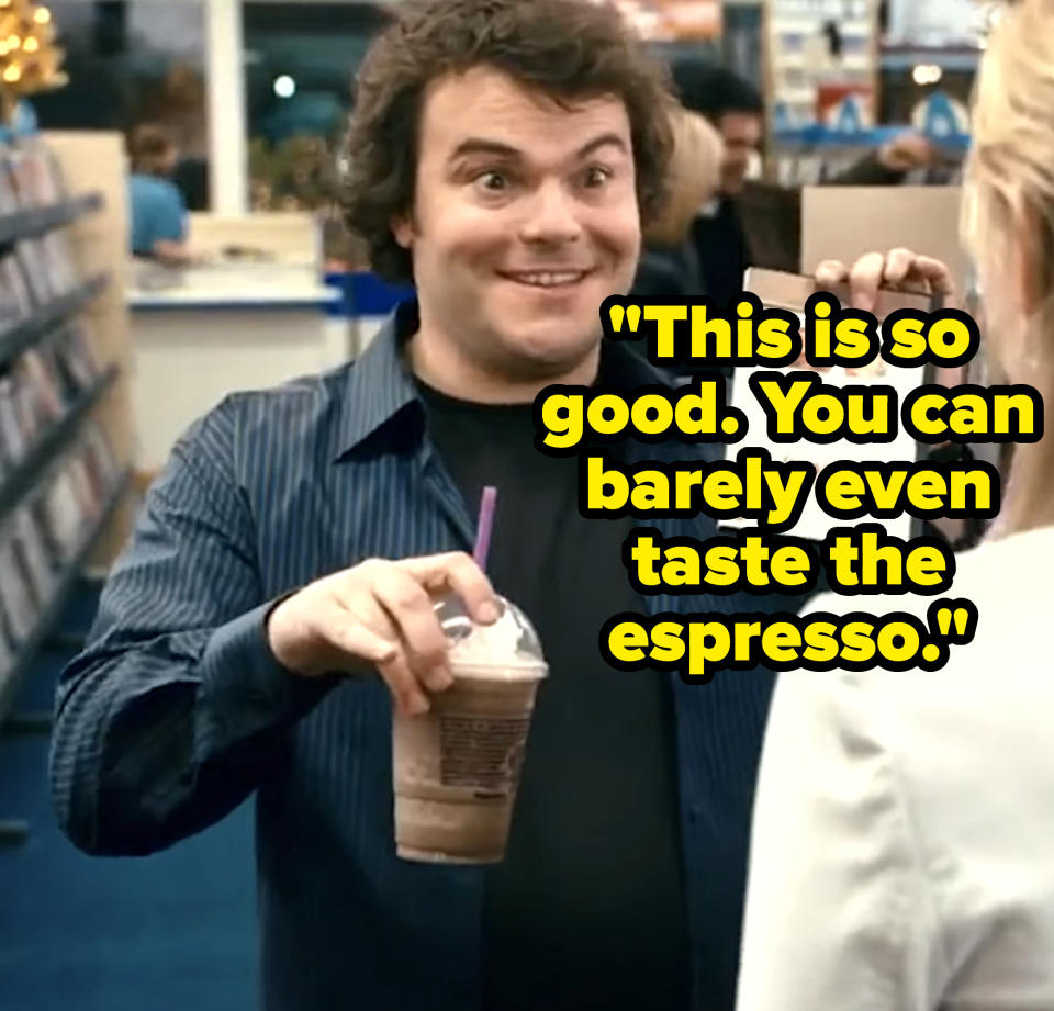 person holding an iced coffee drink saying, this is so good you can barely taste the espresso