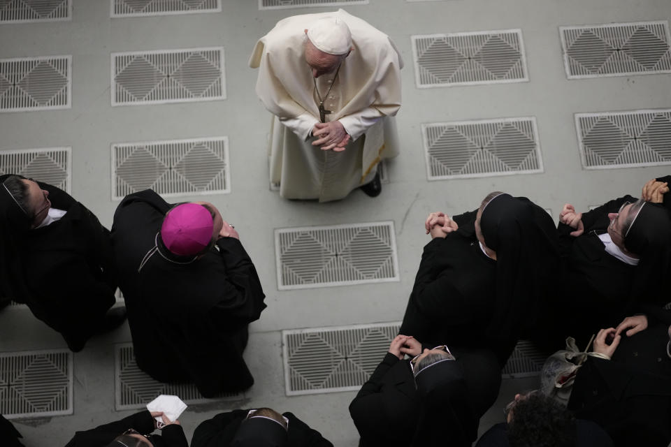 Pope Francis meets faithful during his weekly general audience at the Vatican, Wednesday, Jan. 19, 2022. (AP Photo/Andrew Medichini)