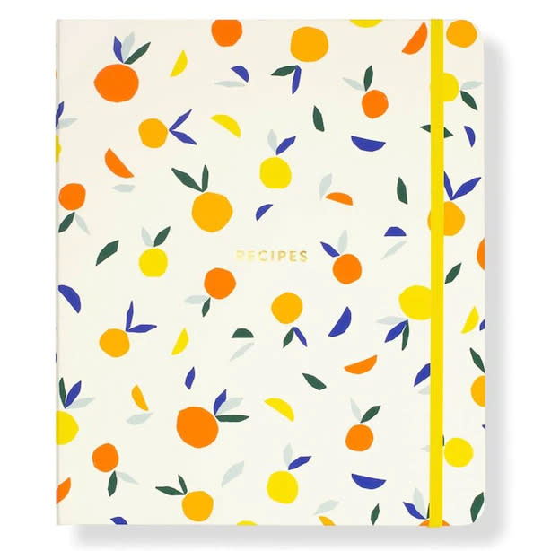 White Kate Spade New York Recipe Binder with abstract orange and lemon print