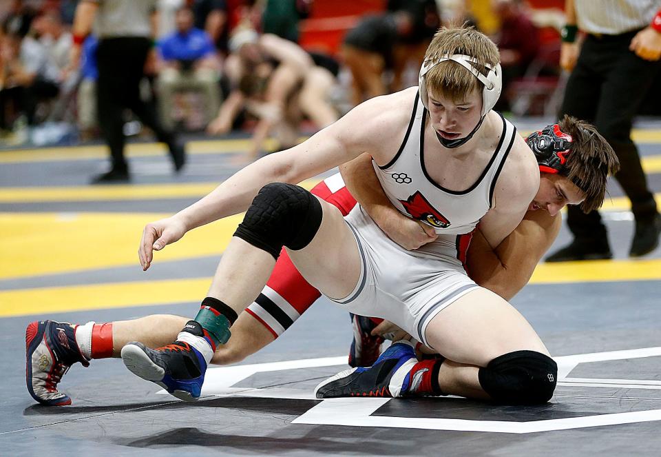 Plymouth's Colton Sparks wrestles Loudonville's Caleb Gregory during their 190 lbs. match at the OHSAA State Wrestling Championships Sunday, March 12, 2023 at the Jerome Schottenstein Center. . TOM E. PUSKAR/ASHLAND TIMES-GAZETTE