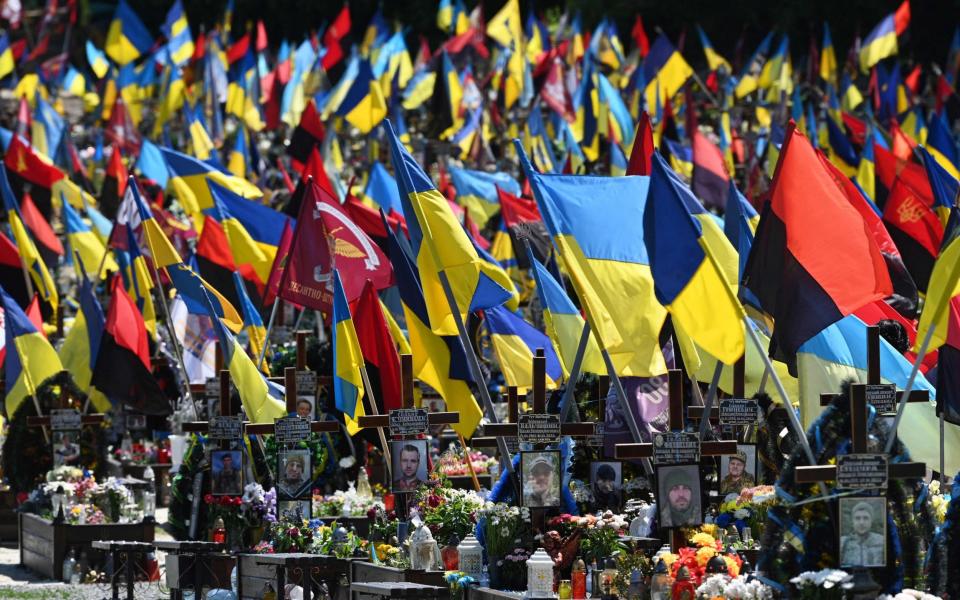 This photograph shows graves of fallen Ukrainian servicemen at the Lychakiv military cemetery in the western Ukrainian city of Lviv - YURIY DYACHYSHYN/AFP