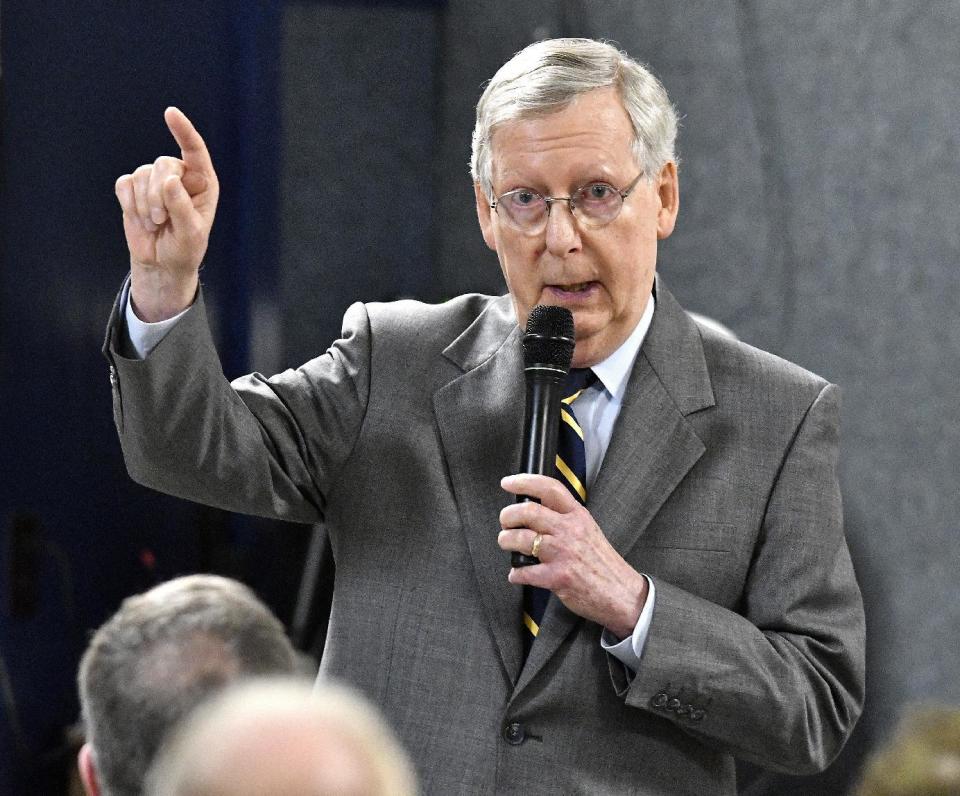 In this Feb. 21, 2017 file photo, Senate Majority Leader Mitch McConnell of Ky., speaks at the Anderson County Chamber of Commerce luncheon at the American Legion Post 34, in Lawrenceburg, Ky. President Donald Trump has been in the White House only a little more than a month and already he’s making things awfully uncomfortable for some of his fellow Republicans. Angry protesters have swamped Capitol Hill phone lines, showed up at district offices and, this week, made their voices heard at a series of raucous, and videotaped, town hall meetings. (AP Photo/Timothy D. Easley, File)