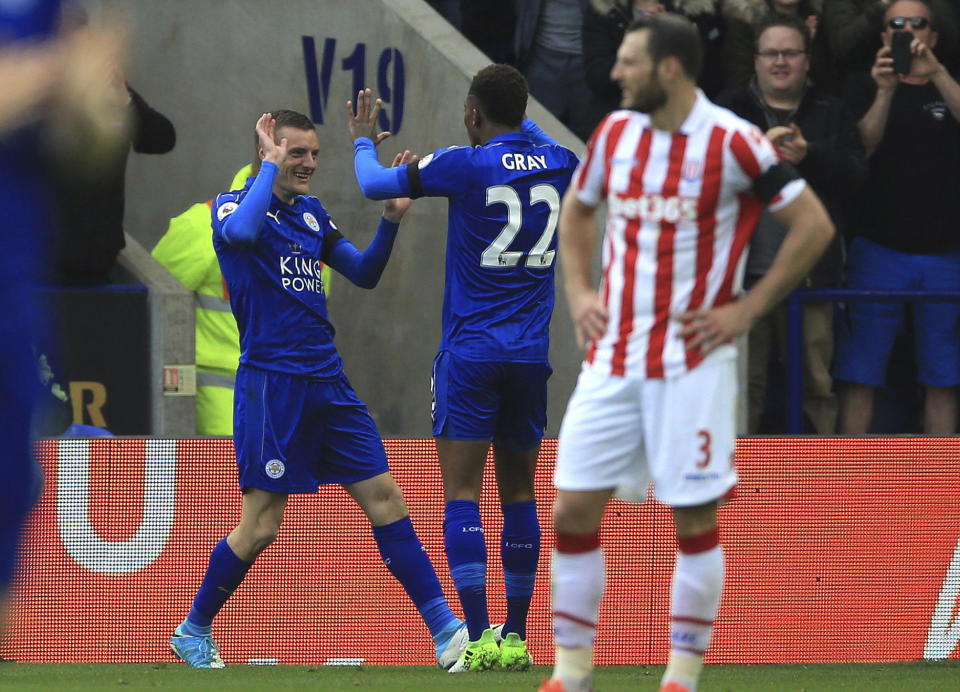 <p>Leicester City’s Jamie Vardy celebrates scoring his sides second goal against Stoke City, during their English Premier League soccer match at the King Power Stadium in Leicester, England, Saturday April 1, 2017. (Nigel French/PA via AP) </p>