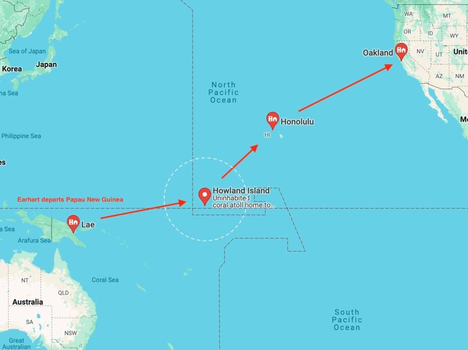 A presumed flight path from the last leg of Earhart's journey