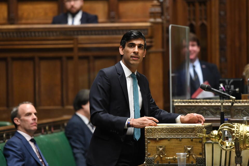 Britain's chancellor of the exchequer Rishi Sunak giving a speech in the House of Commons in London. Photo: UK Parliament/Jessica Taylor/Handout via Reuters