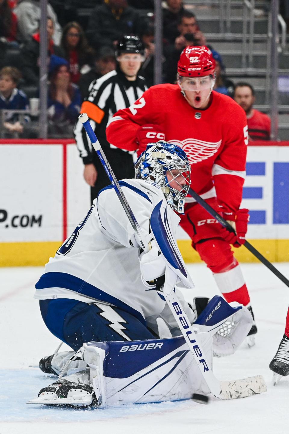 Tampa Bay Lightning goaltender Andrei Vasilevskiy (88) makes a save during the second period against the Detroit Red Wings at Little Caesars Arena in Detroit on Saturday, Feb. 25, 2023.