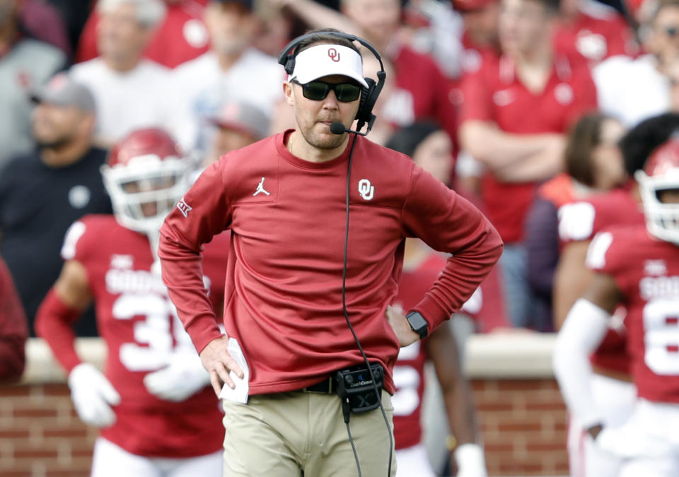 Oklahoma head coach Lincoln Riley watches his team play against Iowa State during the first half of an NCAA college football game Saturday, Nov. 20, 2021, in Norman, Okla. (AP Photo/Alonzo Adams)