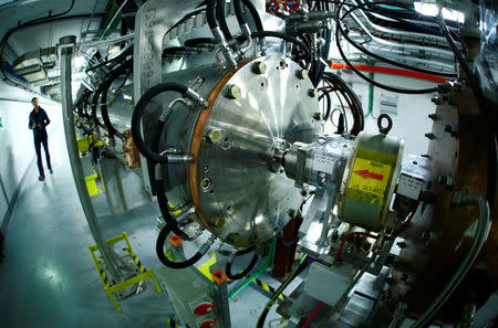 People visit the new linear accelerator Linac 4, the newest accelerator acquisition since the Large Hadron Collider (LHC), which is due to feed the CERN accelerator complex with particle beams of higher energy, during its inauguration at the European Organization for Nuclear Research (CERN) in Meyrin near Geneva, Switzerland, May 9, 2017. Picture taken with a fisheye lens. REUTERS/Denis Balibouse