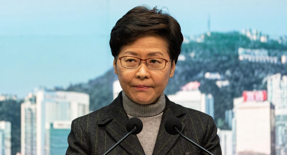 Hong Kong leader Carrie Lam speaking at a press conference.