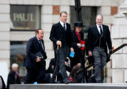 Broadcaster Andrew Neil (left) and Michael Portillo arrive for the funeral service of Baroness Thatcher, at St Paul's Cathedral, central London.