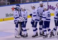 Feb 10, 2019; Sunrise, FL, USA; Tampa Bay Lightning players celebrate after defeating the Florida Panthers at BB&T Center. Mandatory Credit: Steve Mitchell-USA TODAY Sports