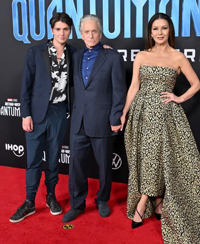 <p>Axelle/Bauer-Griffin/FilmMagic</p> Dylan Douglas, Michael Douglas and Catherine Zeta-Jones at 'Ant-Man and The Wasp: Quantumania' premiere in 2023