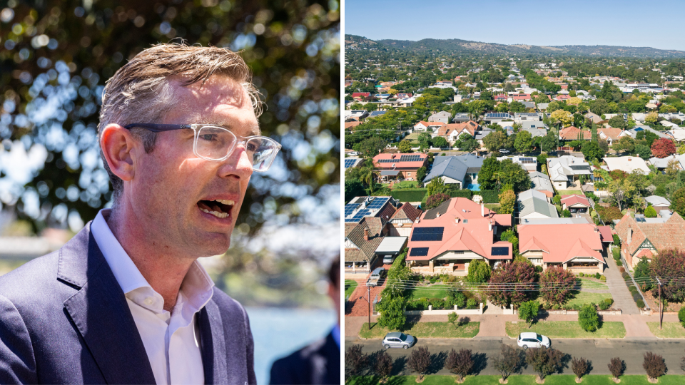 NSW Premier Dominic Perrottet, who has voiced his ambition to abolish stamp duty, and an aerial view of an Australian suburb.