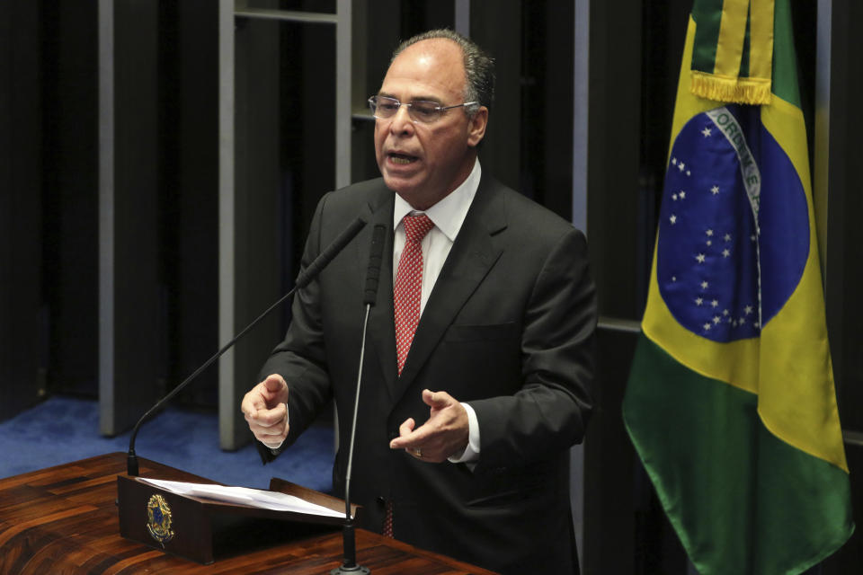 In this May 22, 2019 photo released by the government news agency Agencia Brasil, Senator Fernando Bezerra Coelho speaks during a session at the Senate in Brasilia, Brazil. Bezerra Coelho is one of the targets of a federal police operation into a possible kick-back scheme allegedly carried out when he was in the Cabinet of former President Dilma Rousseff, according to authorities on Thursday, Sept. 19. 2019. (Fabio Rodrigues Pozzebom/Agencia Brasil via AP)