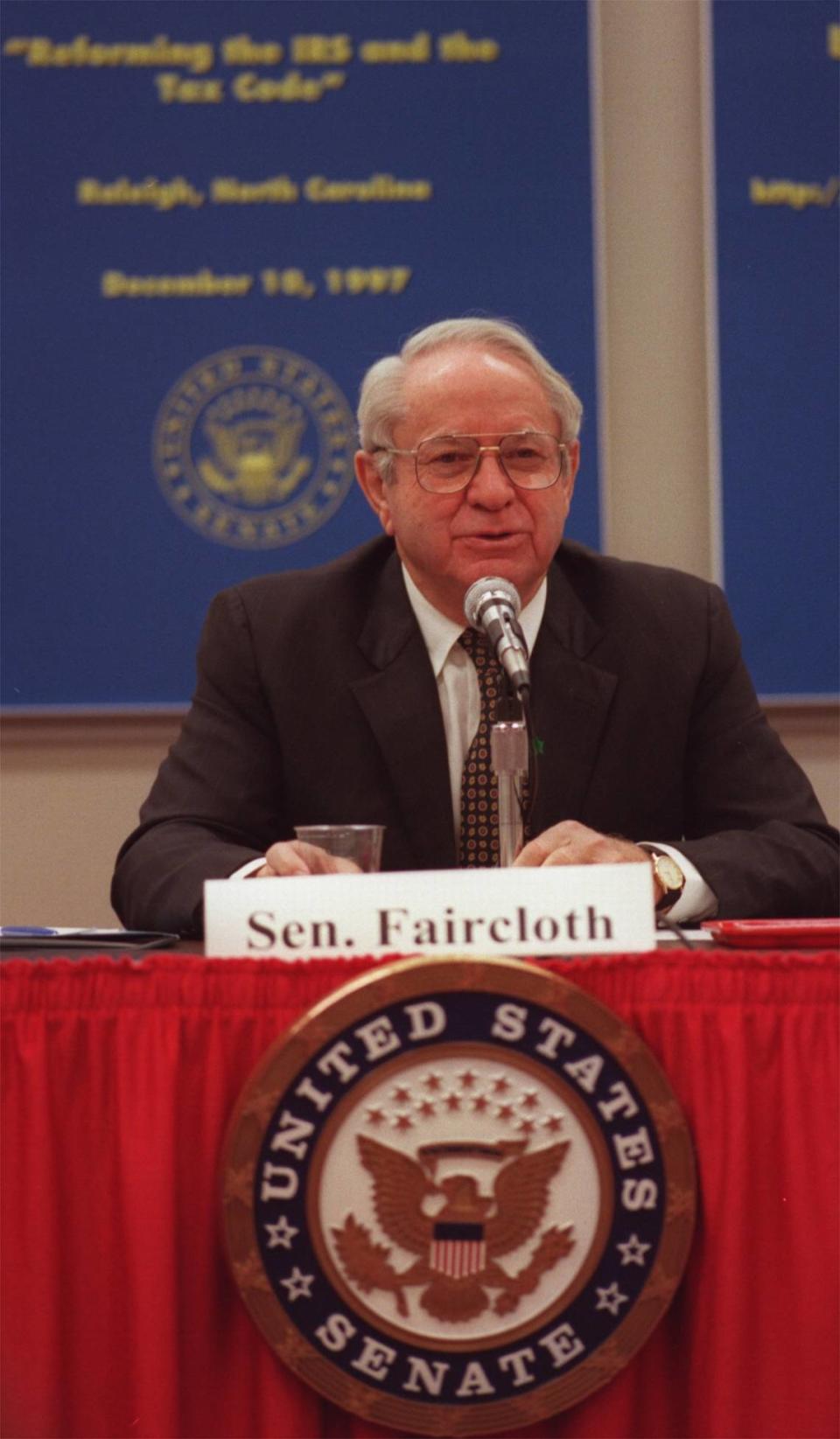 U.S. Sen. Lauch Faircloth presides over a hearing on the IRS at McKimmon Center on Dec. 10, 1997. The North Carolina senator died at the age of 95.