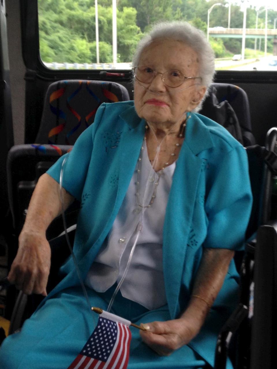 Lucy Coffey, the oldest living woman U.S. military veteran who served with the Women's Army Auxiliary Corps in the Pacific Theater during World War Two, is pictured in this undated handout photo obtained by Reuters March 20, 2015. Coffey, a native of Indiana who retired in Texas after nearly three decades of military-related service, has died at the age of 108, veterans officials in San Antonio said. REUTERS/Queta L. Marquez/Bexar County Veterans Service Office/Handout via Reuters ATTENTION EDITORS - THIS PICTURE WAS PROVIDED BY A THIRD PARTY. REUTERS IS UNABLE TO INDEPENDENTLY VERIFY THE AUTHENTICITY, CONTENT, LOCATION OR DATE OF THIS IMAGE. FOR EDITORIAL USE ONLY. NOT FOR SALE FOR MARKETING OR ADVERTISING CAMPAIGNS. THIS PICTURE IS DISTRIBUTED EXACTLY AS RECEIVED BY REUTERS, AS A SERVICE TO CLIENTS. NO SALES. NO ARCHIVES.