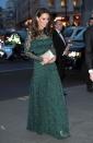 <p>Arriving at the National Portrait Gallery's 2017 Portrait Gala, one of the most anticipated events of the year, Duchess Kate chose a pine green, floor-length gown by Temperley London. She paired her slim-fitting, lace dress with a gold clutch from Wilbur & Gussie and gold heels by Jimmy Choo.</p>